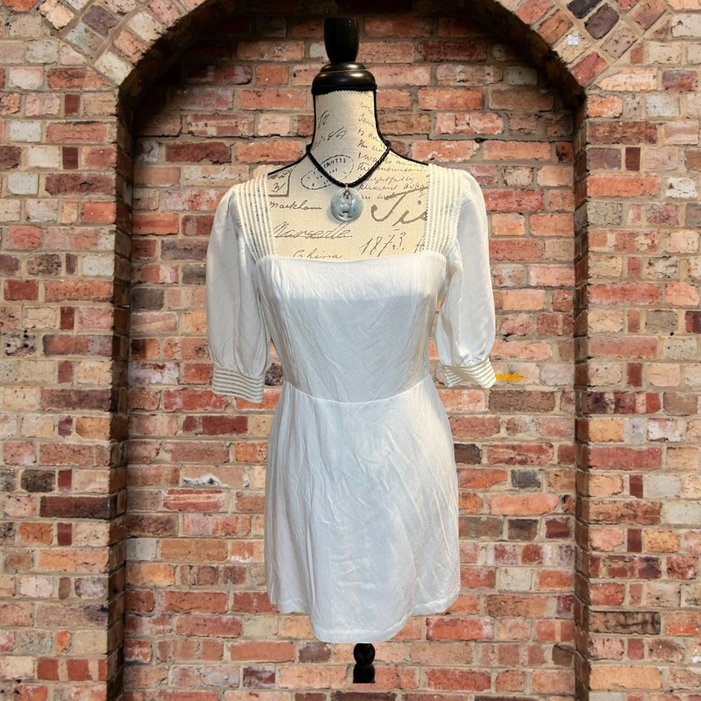 EN CRÈME White Puff Sleeve Sq. Neck Dress S/S Fully Lined Rayon Blend M NWT